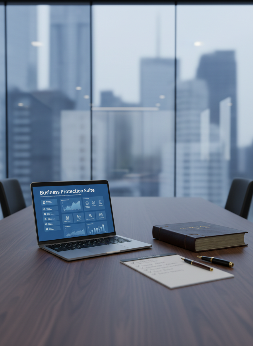 A modern business conference table made of matte-finish walnut supporting an open, high-resolution laptop screen that displays a calm blue insurance dashboard titled “Business Protection Suite.” Next to it, a thick, well-worn ledger book labeled “Company Assets” rests alongside a brass fountain pen and a crisp white notepad with a checklist of coverage items. Through a large glass wall in the background, an abstracted skyline is softly blurred, suggesting growth and stability. Cool, even daylight fills the room, with gentle highlights along the laptop’s edge and subtle reflections in the glass wall. Photographic realism at a slightly low angle creates depth and professionalism, reinforcing comprehensive business insurance planning in a clean, modern aesthetic.