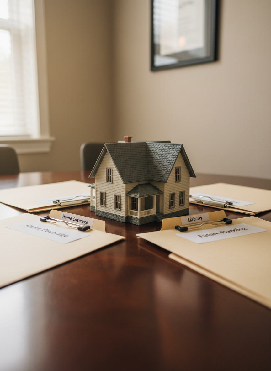 A close-up photographic scene of a sturdy, detailed miniature house model with slate-gray roof shingles and cream siding, placed securely atop a polished dark-wood table. Surrounding it are labeled folders: “Home Coverage,” “Liability,” and “Future Planning,” each with neatly aligned tabs and metal clips. Soft warm office lighting from an overhead fixture combines with faint natural window light, producing balanced illumination and subtle reflections on the table’s surface. Shot from a slightly elevated angle using the rule of thirds, the house model is sharply focused while the background shows a softly blurred framed certificate on the wall, conveying credibility, stability, and a sense of long-term protection that reflects the foundation-first philosophy of a professional insurance agency.