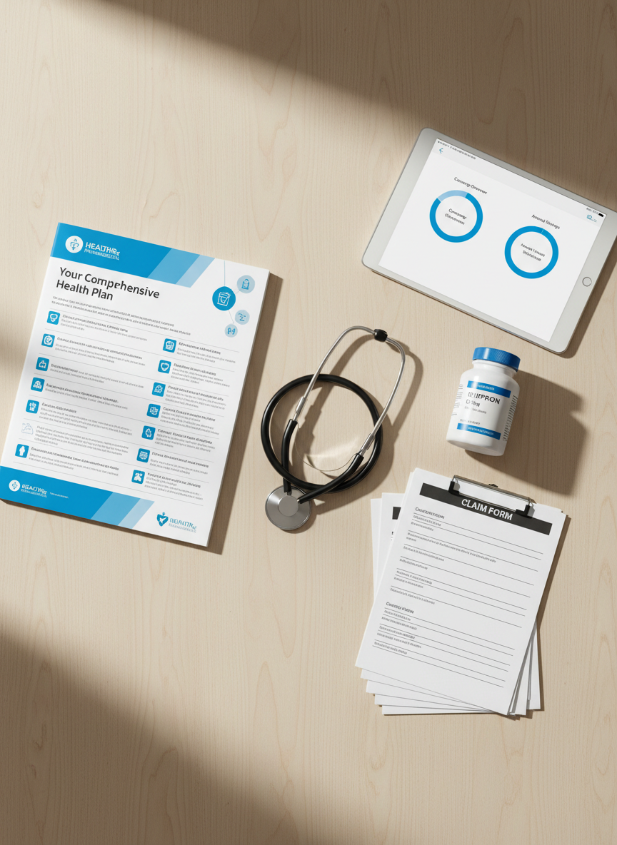 An organized flat-lay composition of health insurance materials laid out on a smooth light-ash desk: a detailed health plan brochure, a stethoscope neatly coiled beside it, a prescription bottle with legible generic labeling, and a small stack of neatly clipped claim forms. A tablet displays a clean dashboard with charts labeled “Coverage Overview” and “Annual Savings,” its glass surface catching subtle reflections. Natural daylight from the left creates soft, directional shadows and highlights the textures of paper, metal, and plastic. Photographic realism with sharp focus across the frame emphasizes clarity and transparency. The mood is reassuring and informative, designed to communicate personalized, responsible health coverage options without any clutter or human presence.